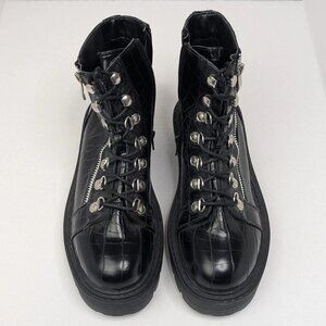 Glamorous Wide Fit Sz 7 Black Chunky Chelsea Boots Croc Print, Zip & Lace-up